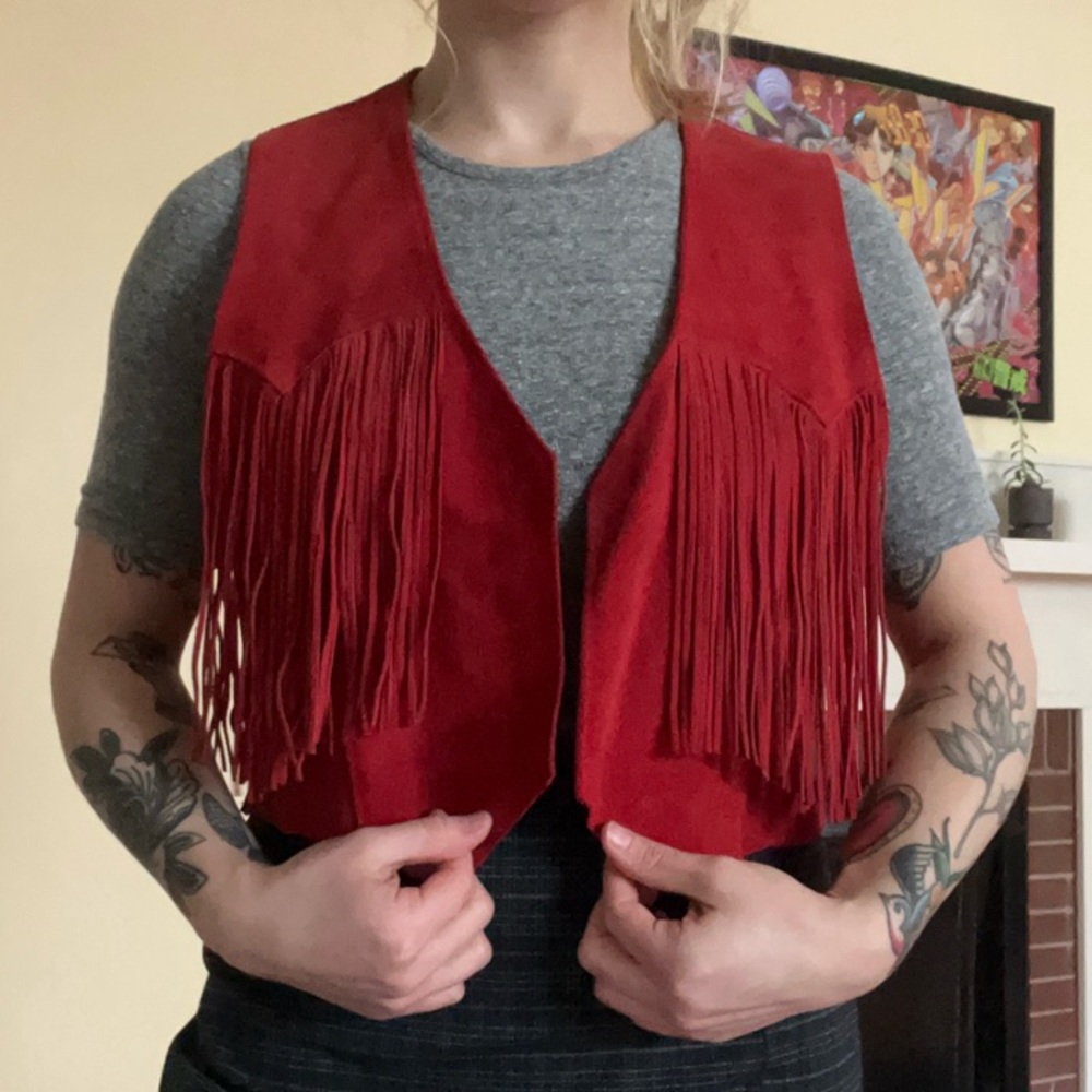 Red Suede Open Front Fringe Vest